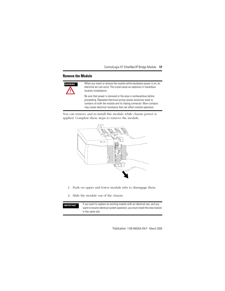 Remove the module | Rockwell Automation 1756-EN2TXT ControlLogix-XT EtherNet/IP Bridge Module User Manual | Page 17 / 24