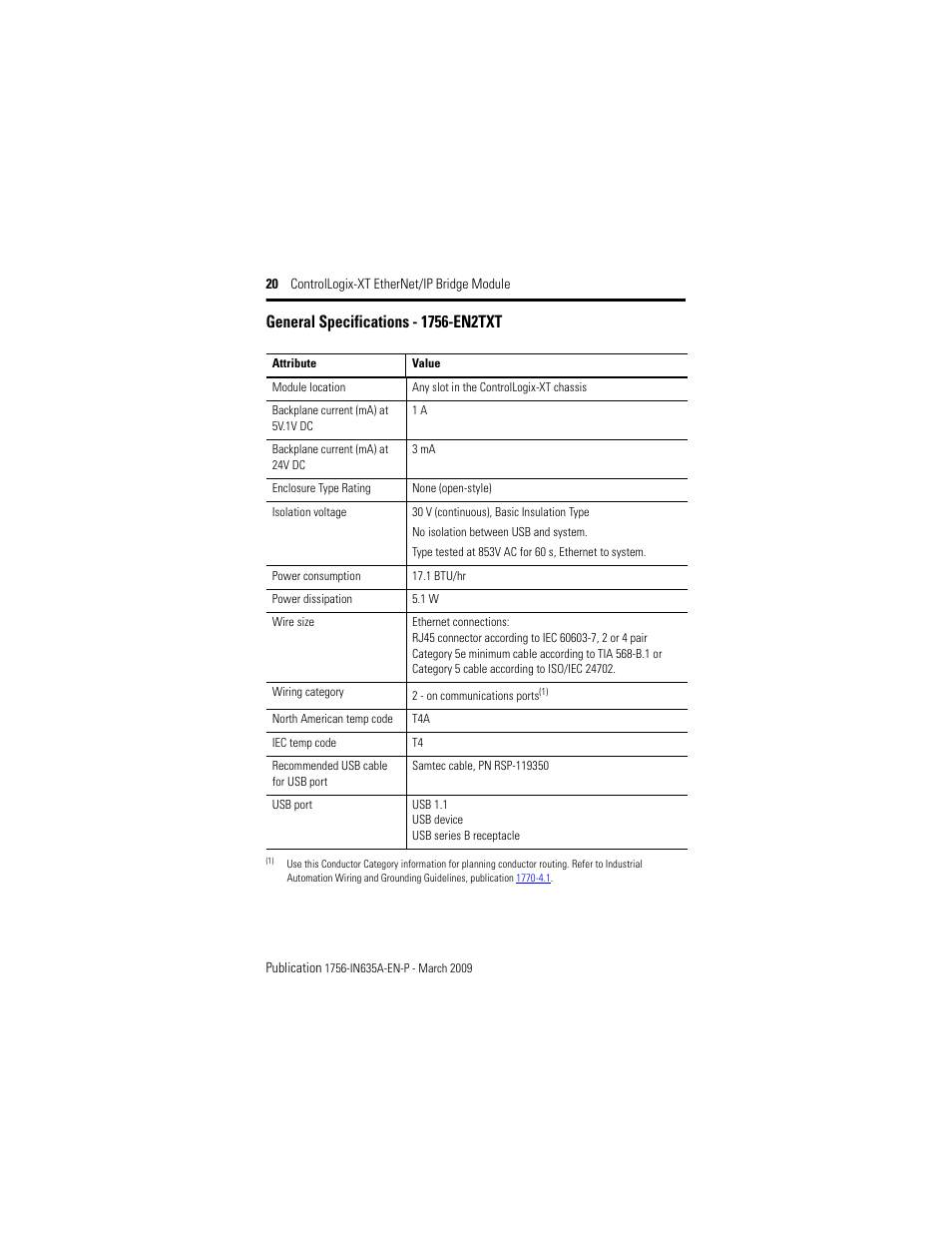 General specifications - 1756-en2txt | Rockwell Automation 1756-EN2TXT ControlLogix-XT EtherNet/IP Bridge Module User Manual | Page 20 / 24