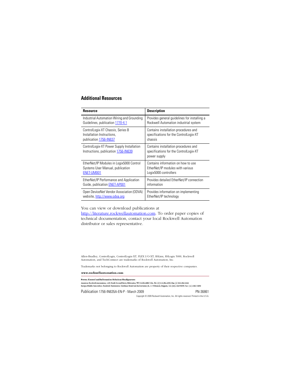 Additional resources, Back cover | Rockwell Automation 1756-EN2TXT ControlLogix-XT EtherNet/IP Bridge Module User Manual | Page 24 / 24
