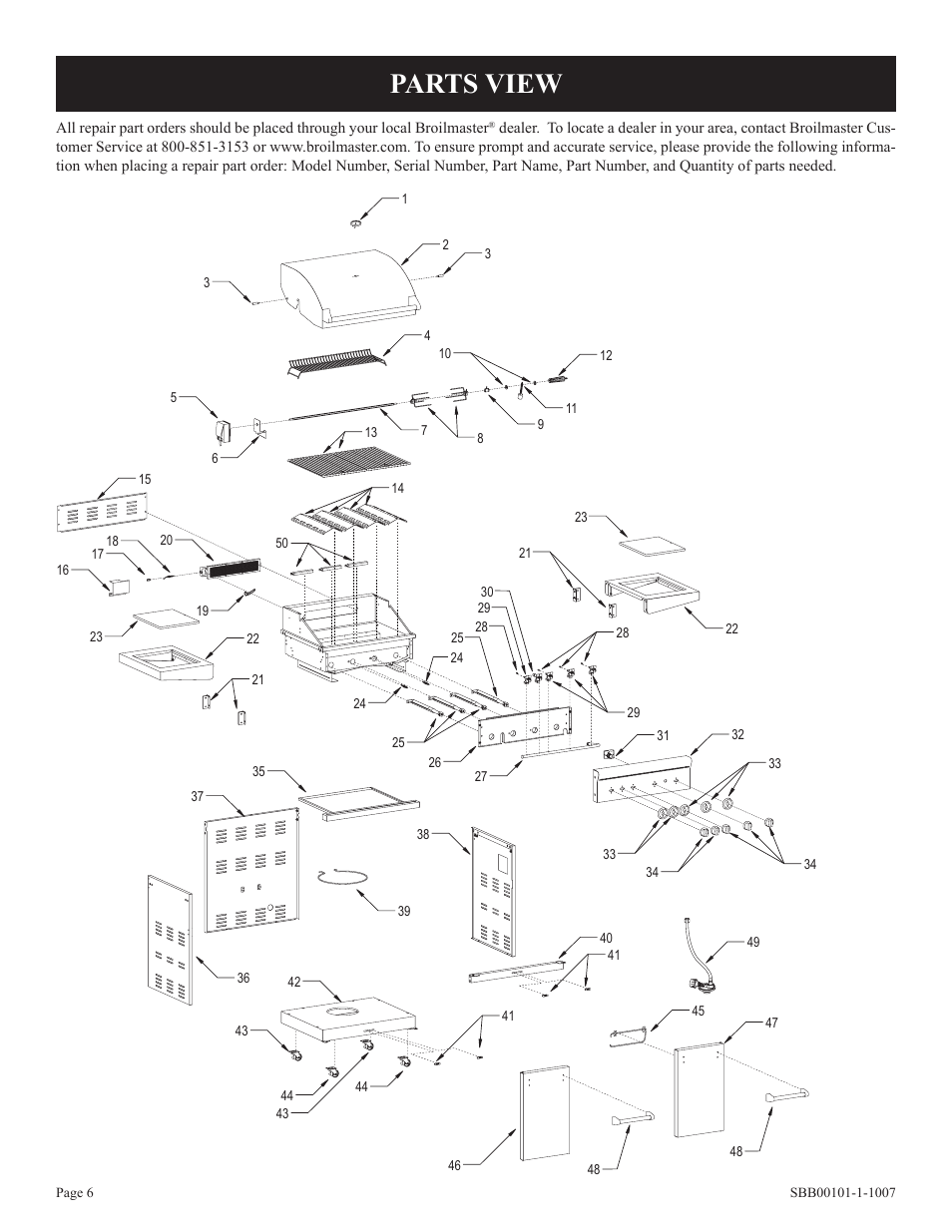 Parts view | Broilmaster SBG2500-1 User Manual | Page 6 / 24