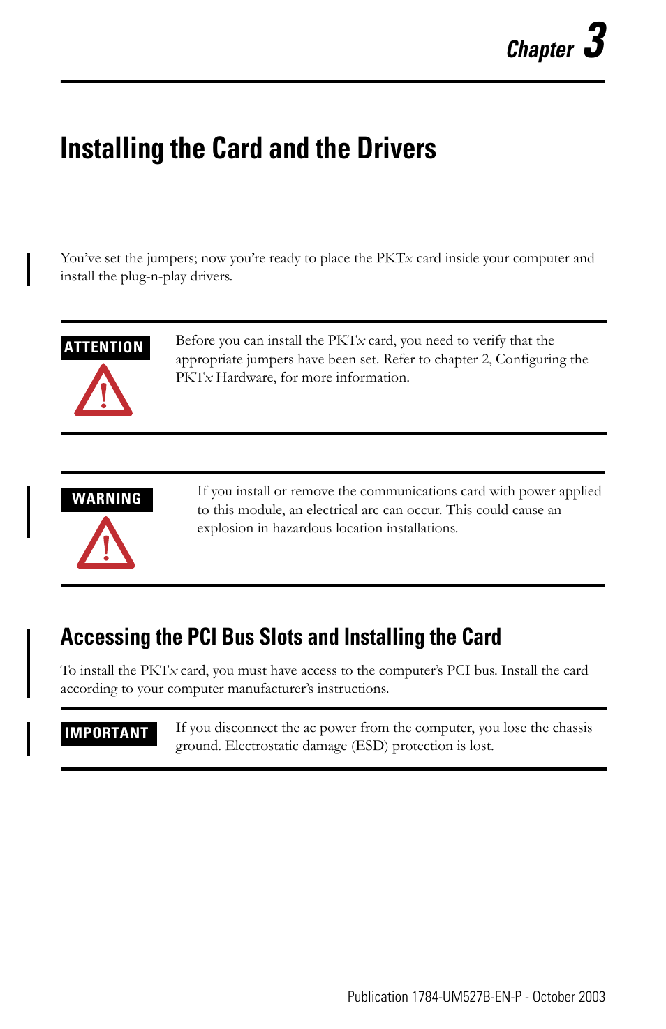 Chapter 3, Installing the card and the drivers, Chapter | Rockwell Automation 1784-PKTX_PKTXD Communication Card User Manual User Manual | Page 15 / 38