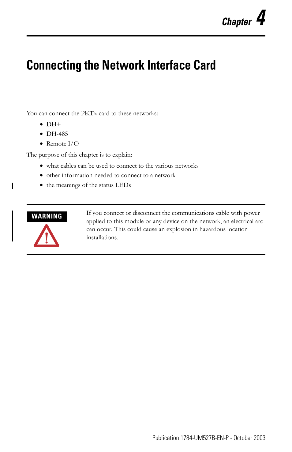 Chapter 4, Connecting the network interface card, Chapter | Rockwell Automation 1784-PKTX_PKTXD Communication Card User Manual User Manual | Page 17 / 38
