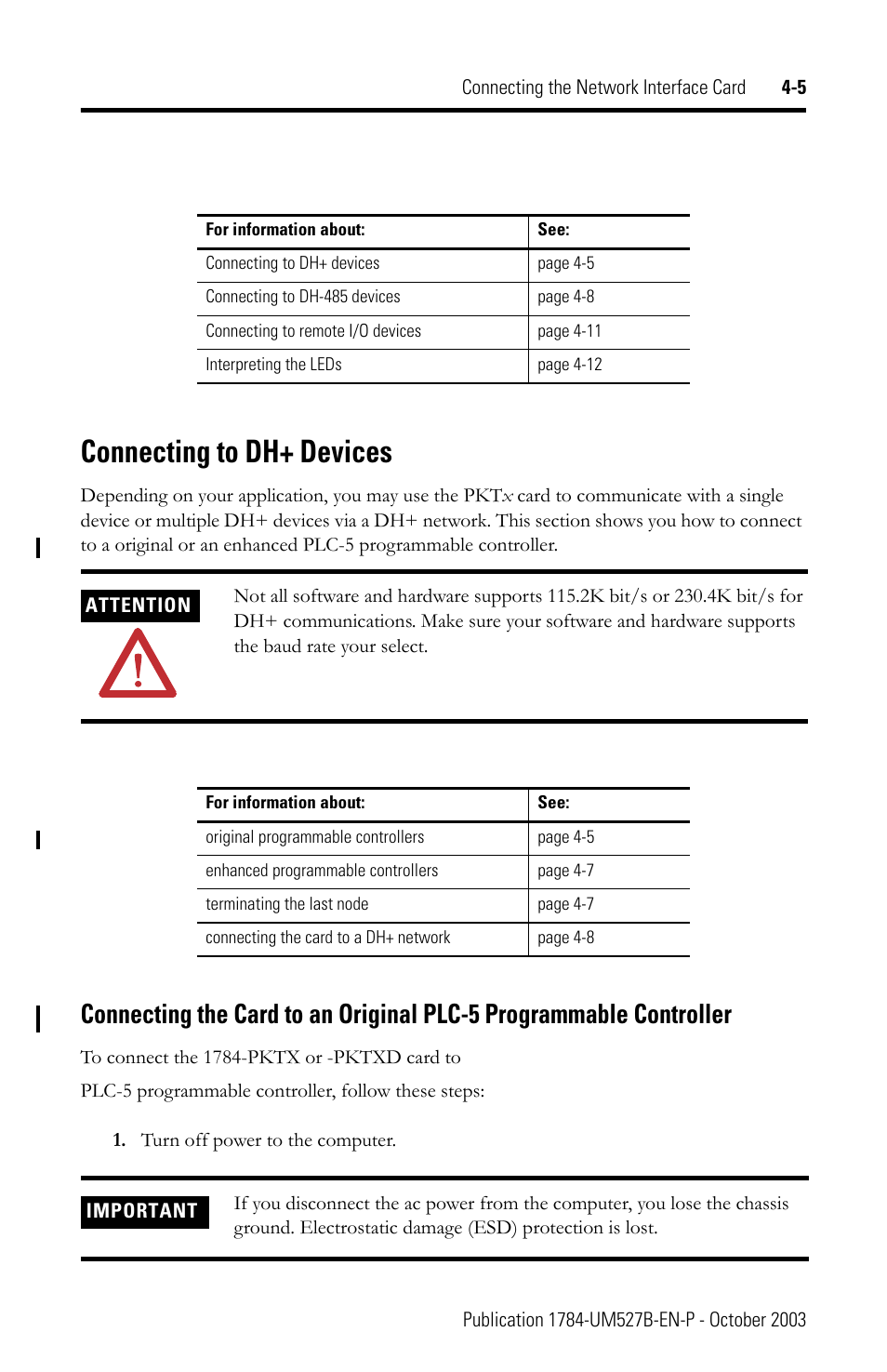 Connecting to dh+ devices, Turn off power to the computer, Connecting to dh+ devices -5 | Connecting the card to, An original plc-5 programmable controller -5 | Rockwell Automation 1784-PKTX_PKTXD Communication Card User Manual User Manual | Page 21 / 38