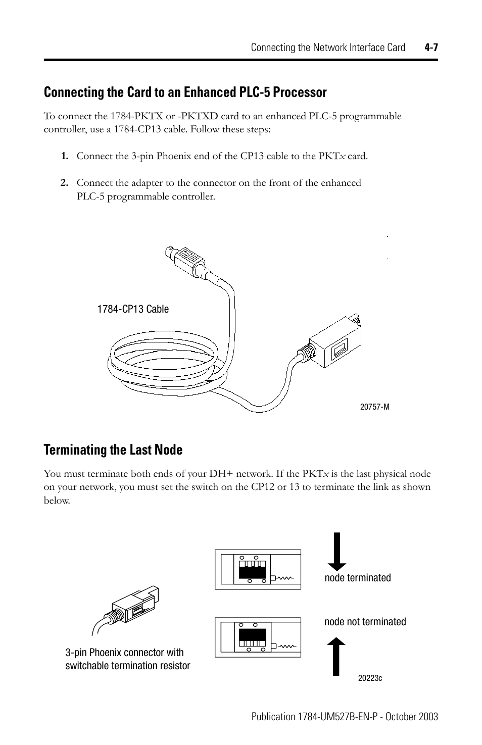 Connecting the card to an enhanced plc-5 processor, Terminating the last node | Rockwell Automation 1784-PKTX_PKTXD Communication Card User Manual User Manual | Page 23 / 38