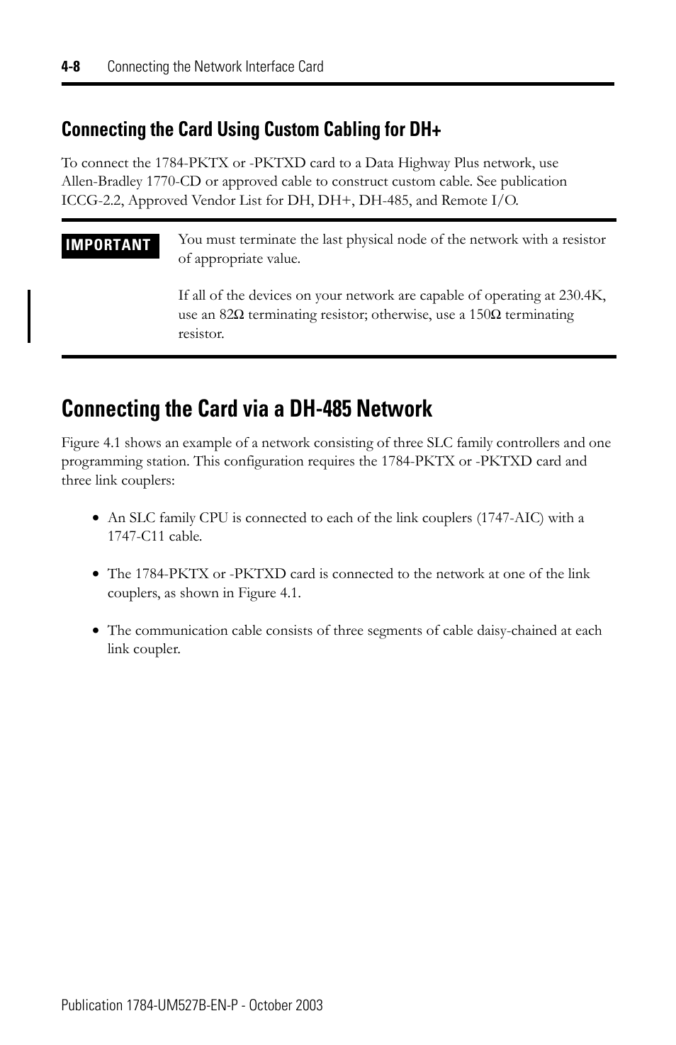 Connecting the card via a dh-485 network, Connecting the card via a dh-485 network -8, Connecting the card using custom cabling for dh | Rockwell Automation 1784-PKTX_PKTXD Communication Card User Manual User Manual | Page 24 / 38