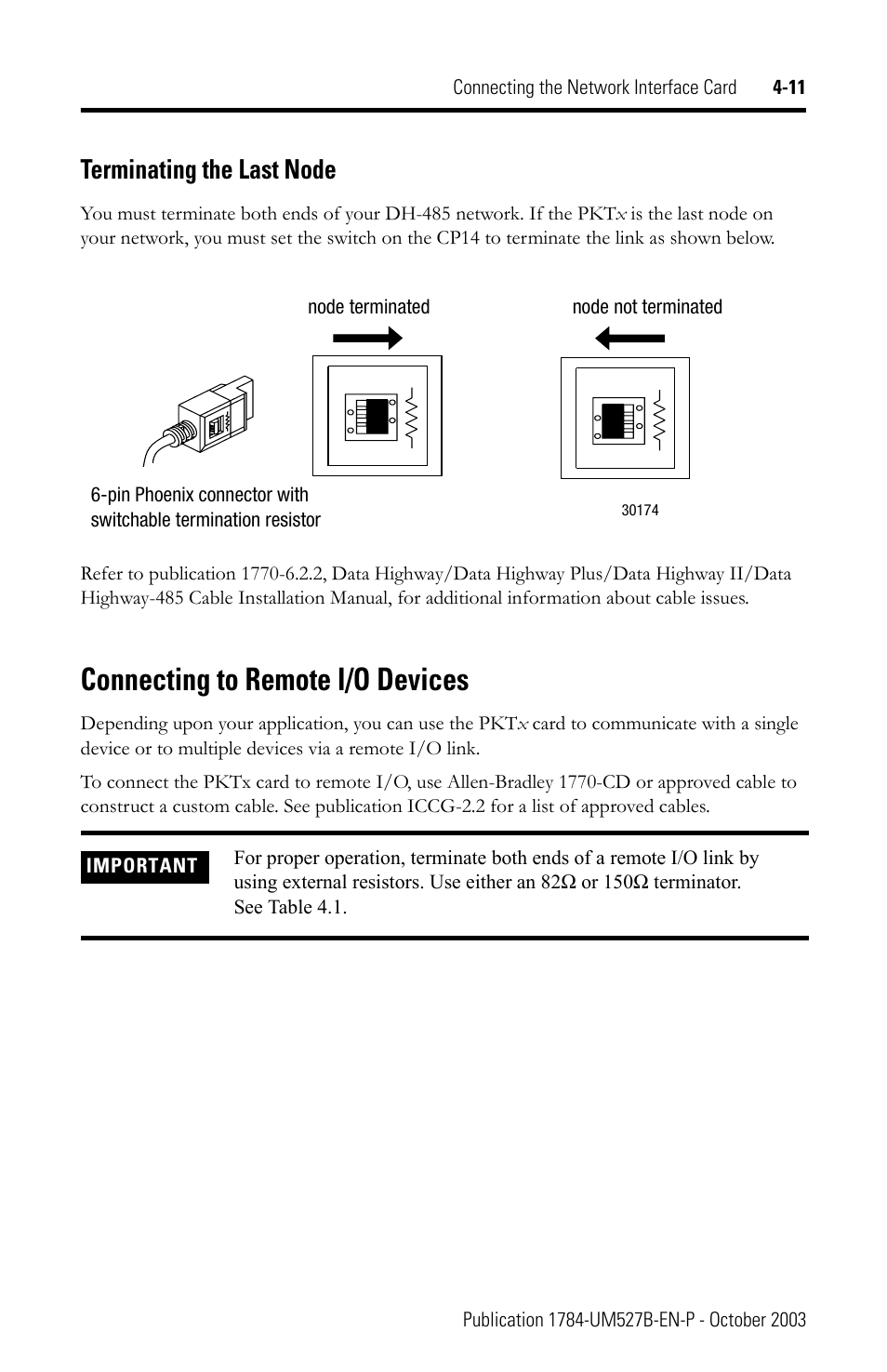 Connecting to remote i/o devices, Terminating the last node -11, Connecting to remote i/o devices -11 | Terminating the last node | Rockwell Automation 1784-PKTX_PKTXD Communication Card User Manual User Manual | Page 27 / 38