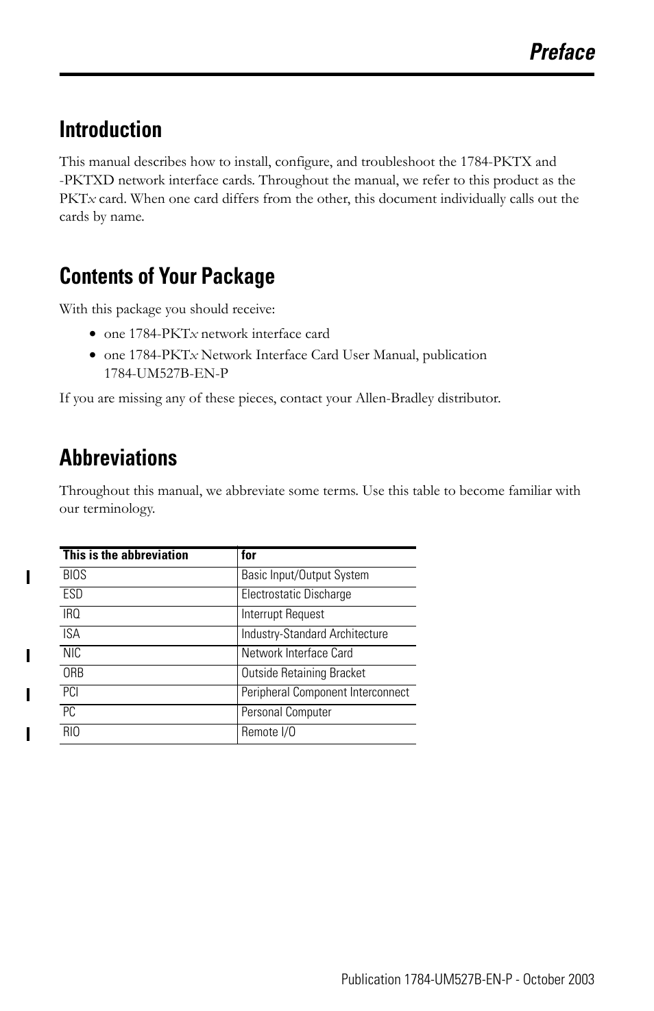 Preface, Introduction, Contents of your package | Abbreviations, Preface introduction | Rockwell Automation 1784-PKTX_PKTXD Communication Card User Manual User Manual | Page 3 / 38