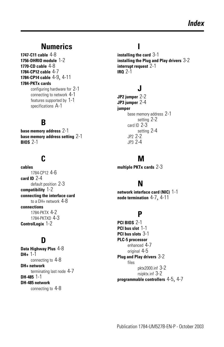 Index, Numerics, Index numerics | Rockwell Automation 1784-PKTX_PKTXD Communication Card User Manual User Manual | Page 33 / 38