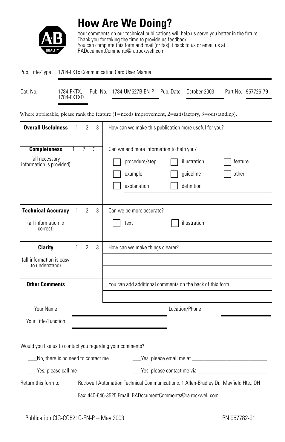 How are we doing | Rockwell Automation 1784-PKTX_PKTXD Communication Card User Manual User Manual | Page 35 / 38