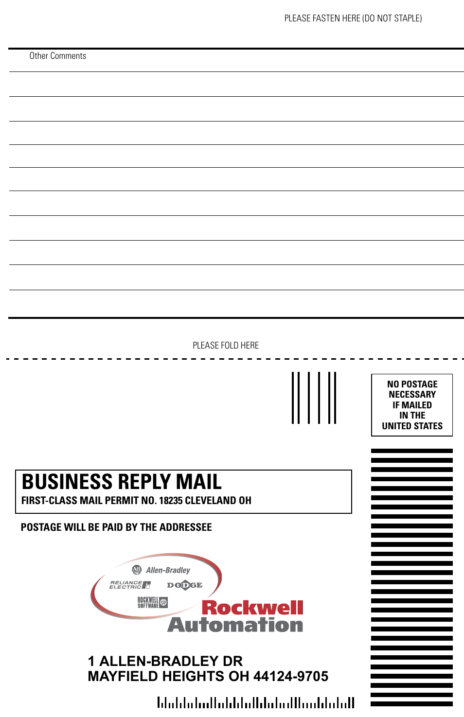 Business reply mail | Rockwell Automation 1784-PKTX_PKTXD Communication Card User Manual User Manual | Page 36 / 38