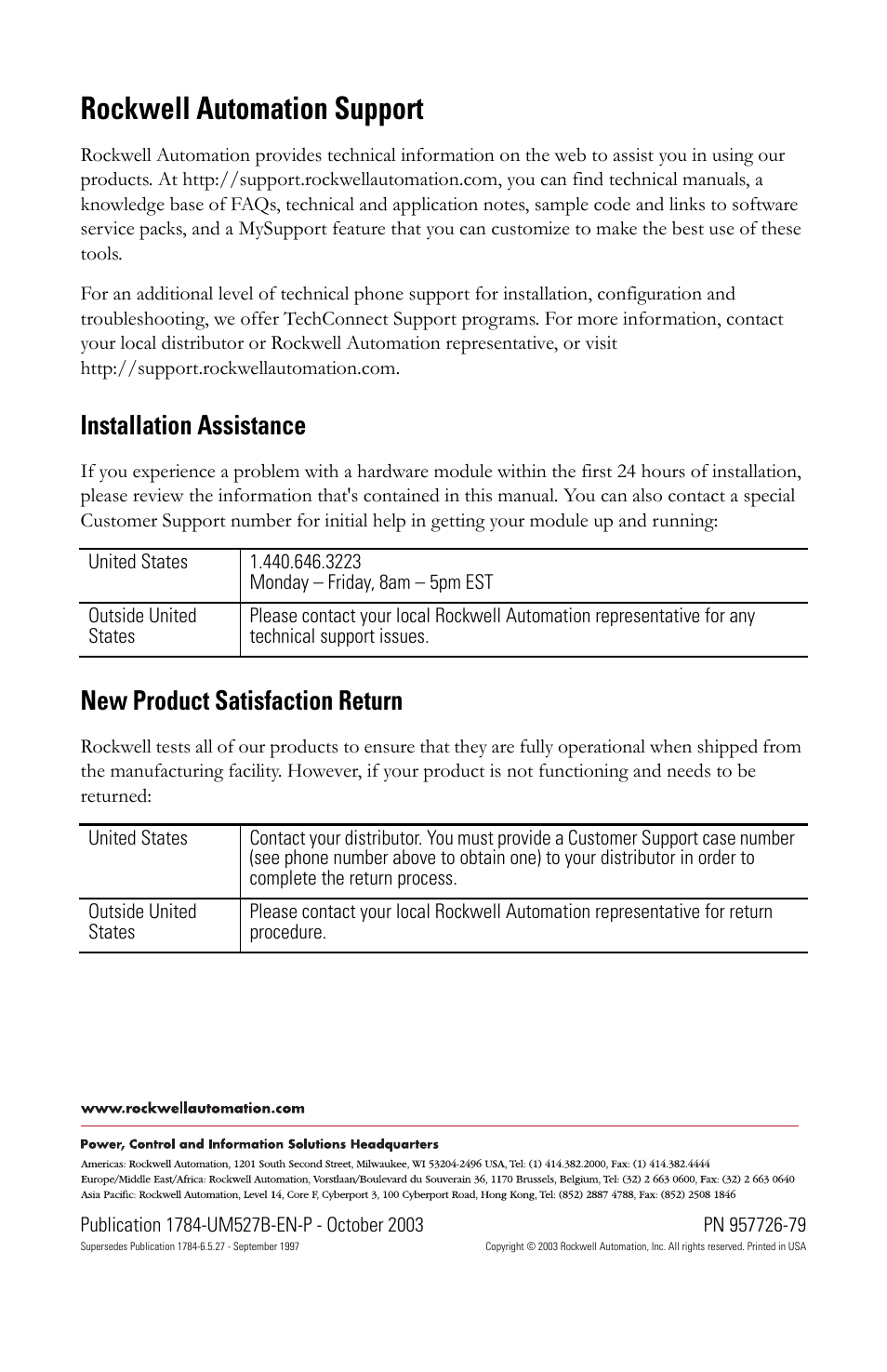 Rockwell automation support, Installation assistance, New product satisfaction return | Rockwell Automation 1784-PKTX_PKTXD Communication Card User Manual User Manual | Page 38 / 38