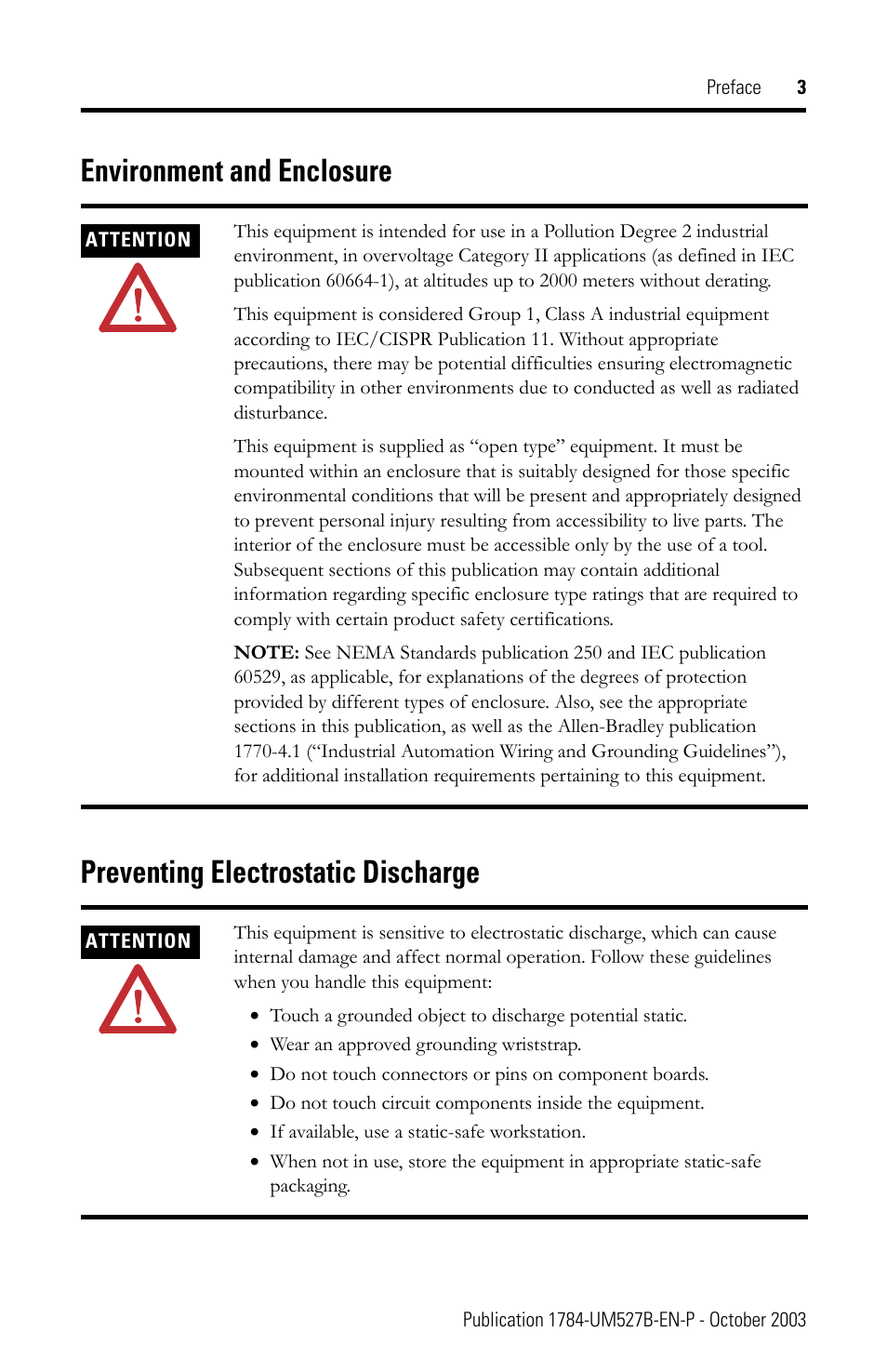 Environment and enclosure, Preventing electrostatic discharge | Rockwell Automation 1784-PKTX_PKTXD Communication Card User Manual User Manual | Page 5 / 38