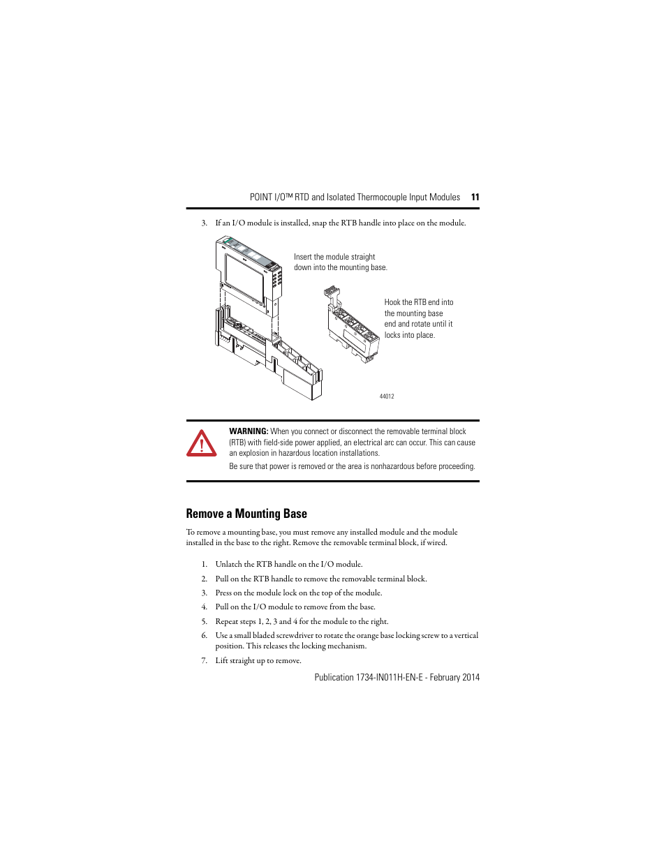 Remove a mounting base | Rockwell Automation 1734-IT2I, Series C Point I/O RTD and Isolated Thermocouple Input Module Installation Instructions User Manual | Page 11 / 24
