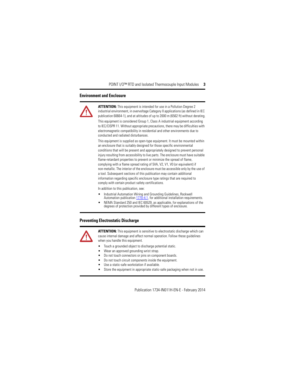 Environment and enclosure, Preventing electrostatic discharge | Rockwell Automation 1734-IT2I, Series C Point I/O RTD and Isolated Thermocouple Input Module Installation Instructions User Manual | Page 3 / 24