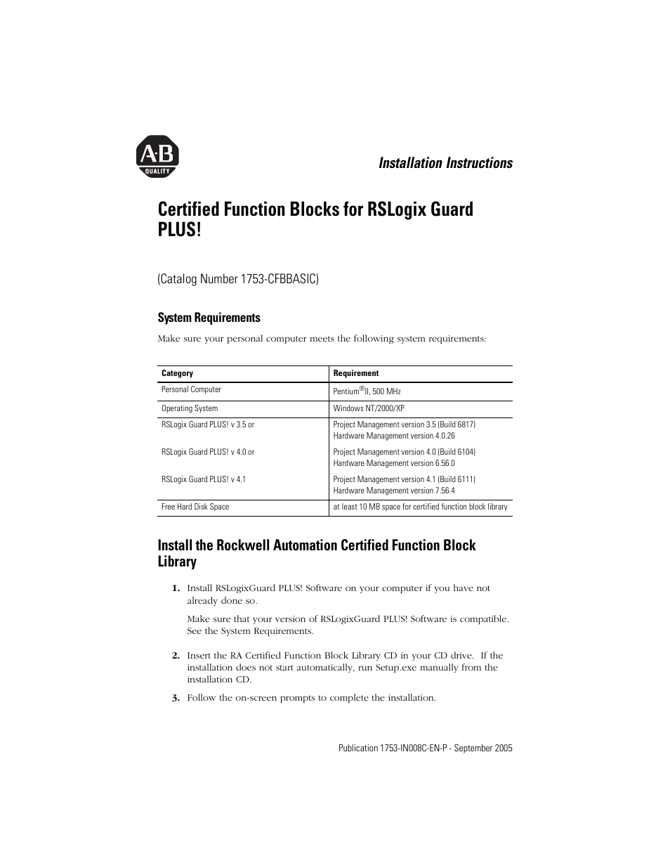 Rockwell Automation 1753-CFBBASIC Certified Function Blocks for RSLogix Guard PLUS! User Manual | 2 pages