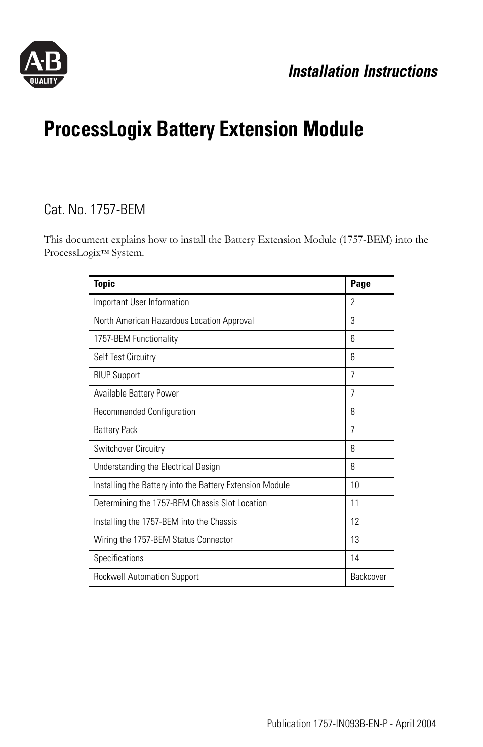 Rockwell Automation 1757-BEM ProcessLogix Battery Extension Module Installation Instructions User Manual | 16 pages