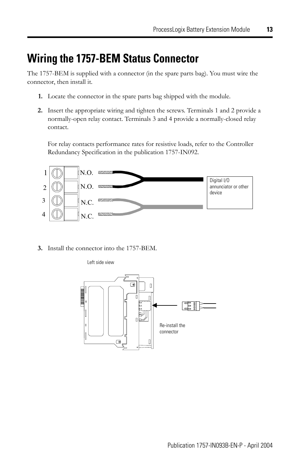 Wiring the 1757-bem status connector | Rockwell Automation 1757-BEM ProcessLogix Battery Extension Module Installation Instructions User Manual | Page 13 / 16