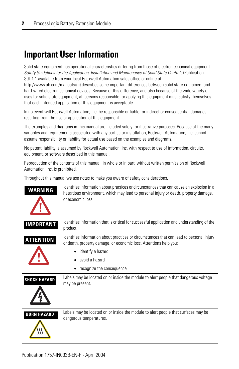 Important user information | Rockwell Automation 1757-BEM ProcessLogix Battery Extension Module Installation Instructions User Manual | Page 2 / 16