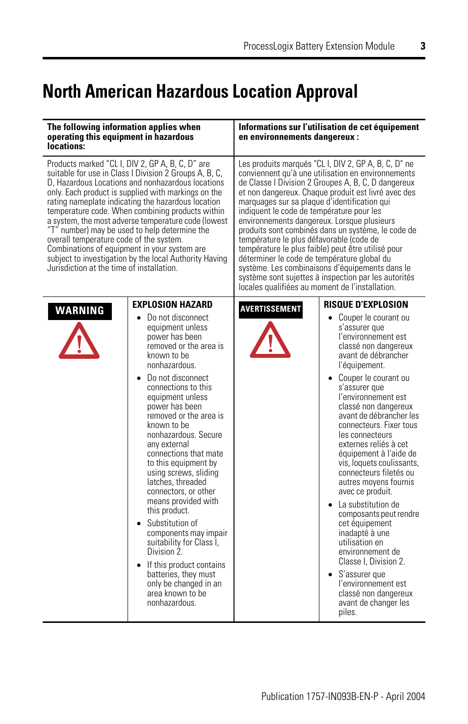 North american hazardous location approval | Rockwell Automation 1757-BEM ProcessLogix Battery Extension Module Installation Instructions User Manual | Page 3 / 16