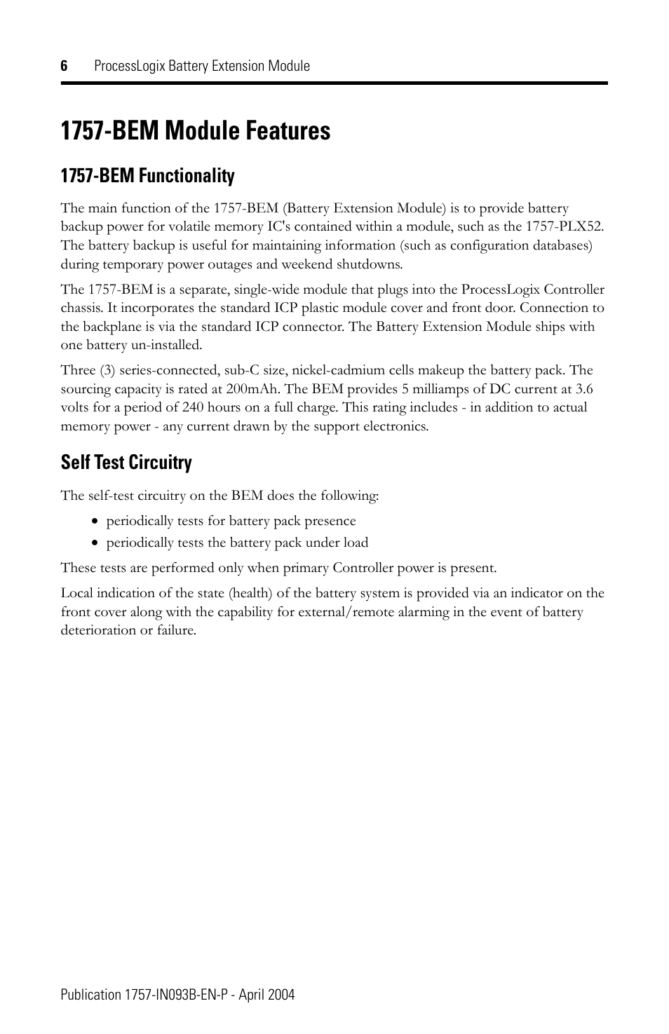 1757-bem module features, 1757-bem functionality, Self test circuitry | Rockwell Automation 1757-BEM ProcessLogix Battery Extension Module Installation Instructions User Manual | Page 6 / 16