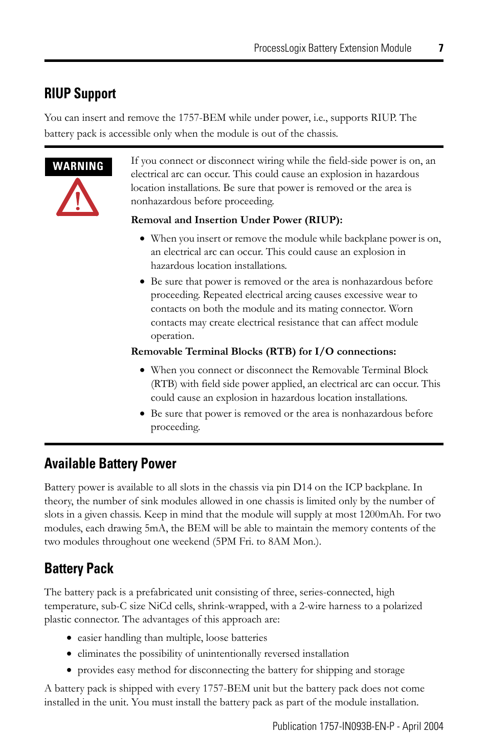Riup support, Available battery power, Battery pack | Rockwell Automation 1757-BEM ProcessLogix Battery Extension Module Installation Instructions User Manual | Page 7 / 16