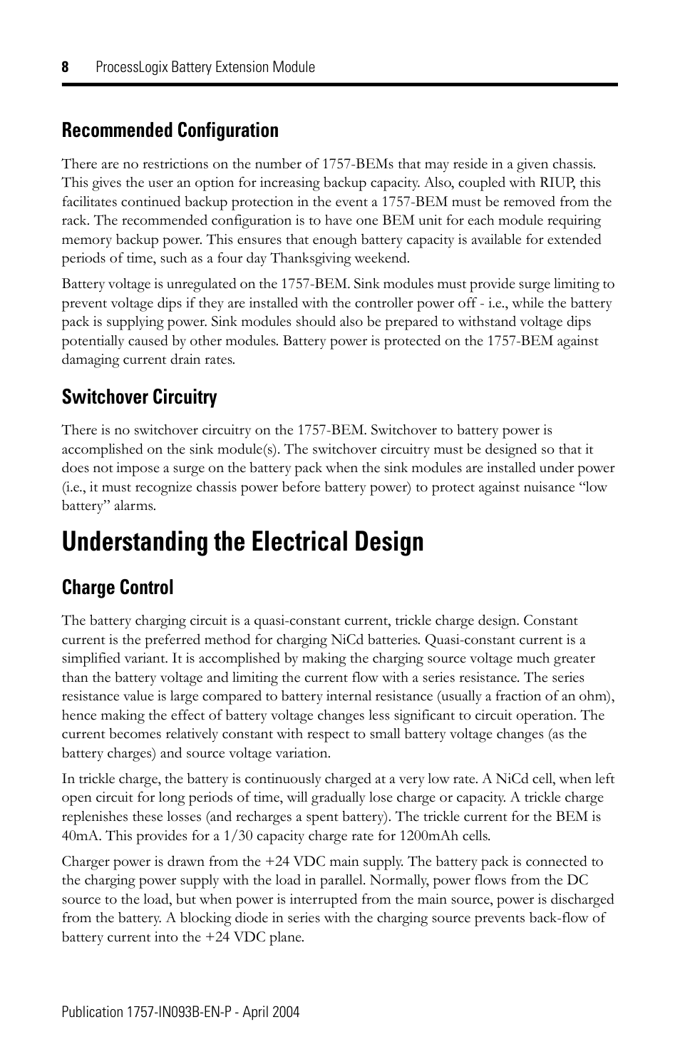 Recommended configuration, Switchover circuitry, Understanding the electrical design | Charge control | Rockwell Automation 1757-BEM ProcessLogix Battery Extension Module Installation Instructions User Manual | Page 8 / 16