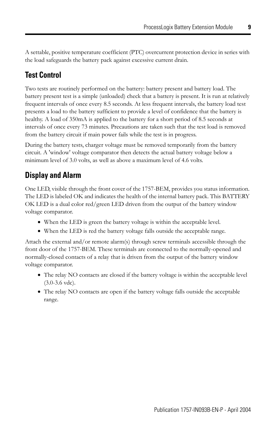 Test control, Display and alarm | Rockwell Automation 1757-BEM ProcessLogix Battery Extension Module Installation Instructions User Manual | Page 9 / 16