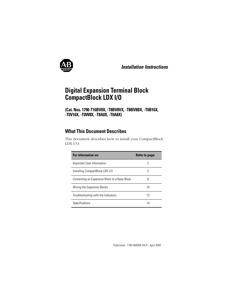 Rockwell Automation 1790-TXXXX Digital Expansion Terminal Block Compact Block LDX I/O  User Manual | 24 pages