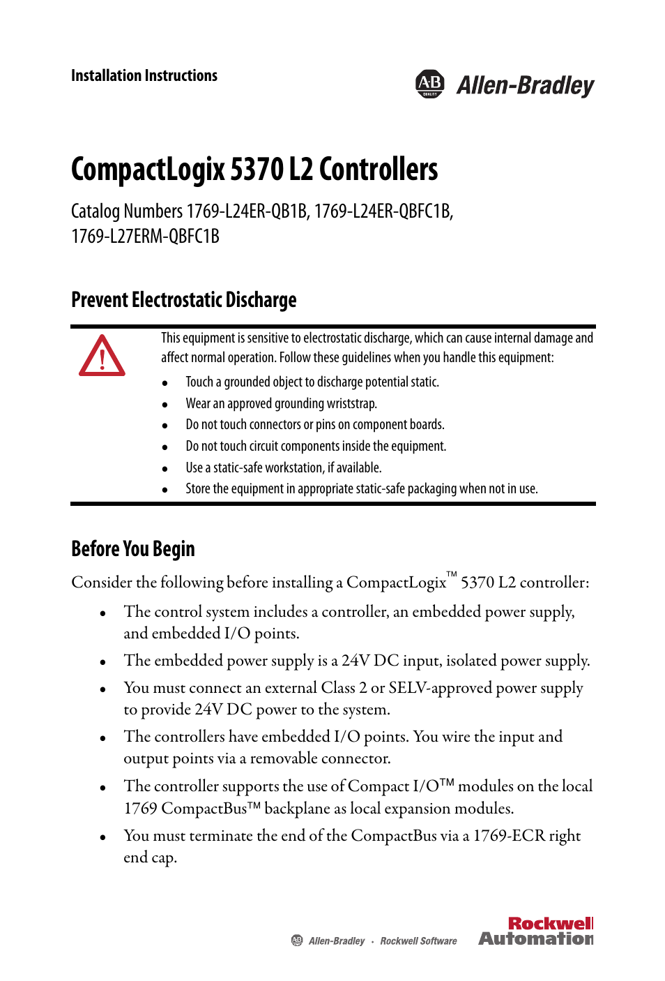 Rockwell Automation 1769-L24ER-QB1B_QBFC1B_QBFC1B CompactLogix 5370 L2 Controllers Installation Instructions User Manual | 16 pages