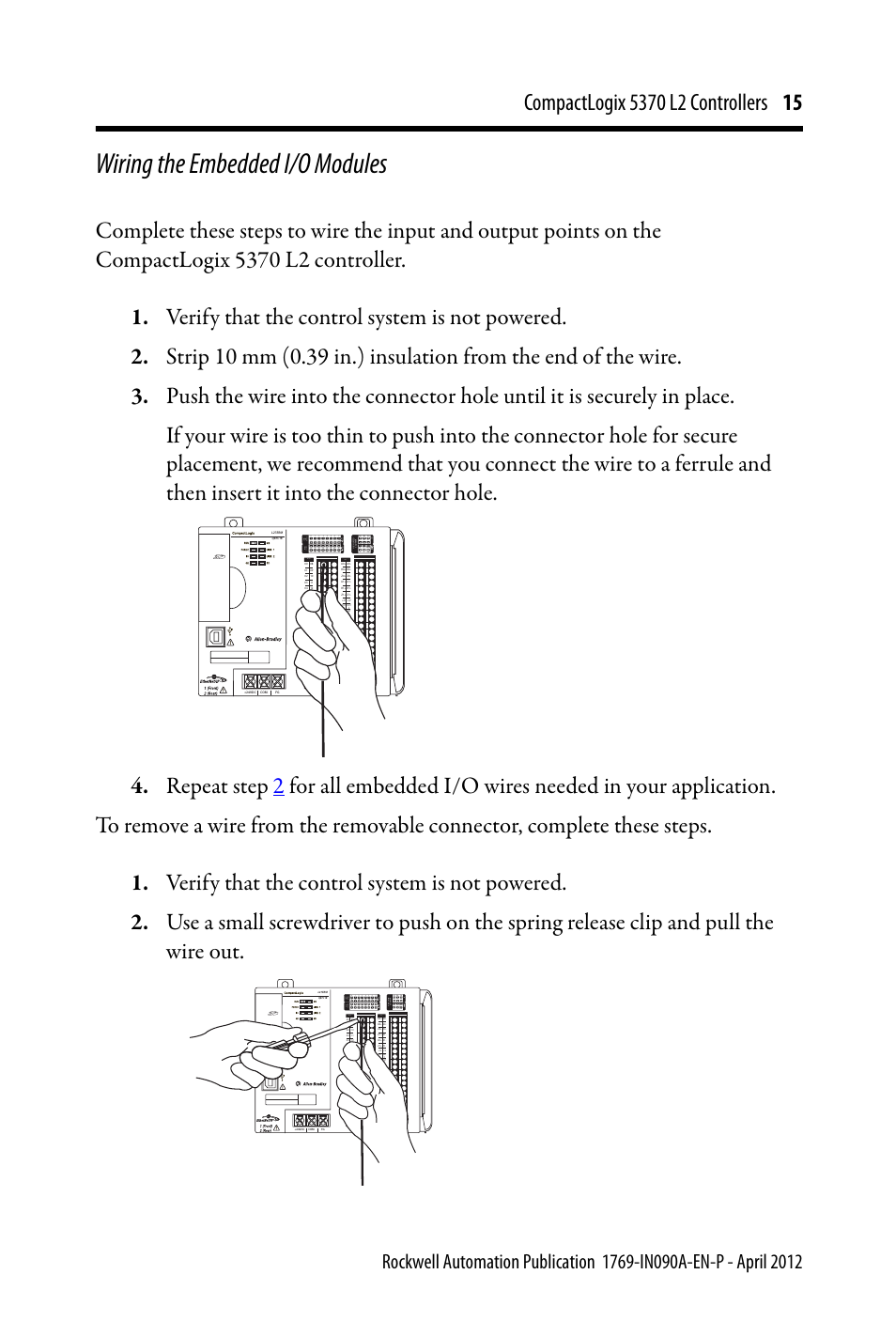 Wiring the embedded i/o modules, Dc input 24vdc sink\ source 24vdc source output dc, Dc in hsc dc out analog | Rockwell Automation 1769-L24ER-QB1B_QBFC1B_QBFC1B CompactLogix 5370 L2 Controllers Installation Instructions User Manual | Page 15 / 16