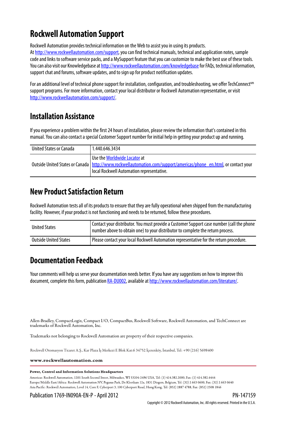 Back cover, Rockwell automation support, Installation assistance | New product satisfaction return, Documentation feedback | Rockwell Automation 1769-L24ER-QB1B_QBFC1B_QBFC1B CompactLogix 5370 L2 Controllers Installation Instructions User Manual | Page 16 / 16