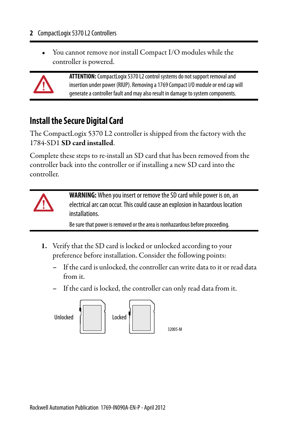 Install the secure digital card | Rockwell Automation 1769-L24ER-QB1B_QBFC1B_QBFC1B CompactLogix 5370 L2 Controllers Installation Instructions User Manual | Page 2 / 16