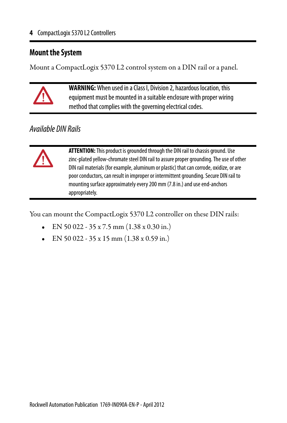 Mount the system, Available din rails | Rockwell Automation 1769-L24ER-QB1B_QBFC1B_QBFC1B CompactLogix 5370 L2 Controllers Installation Instructions User Manual | Page 4 / 16