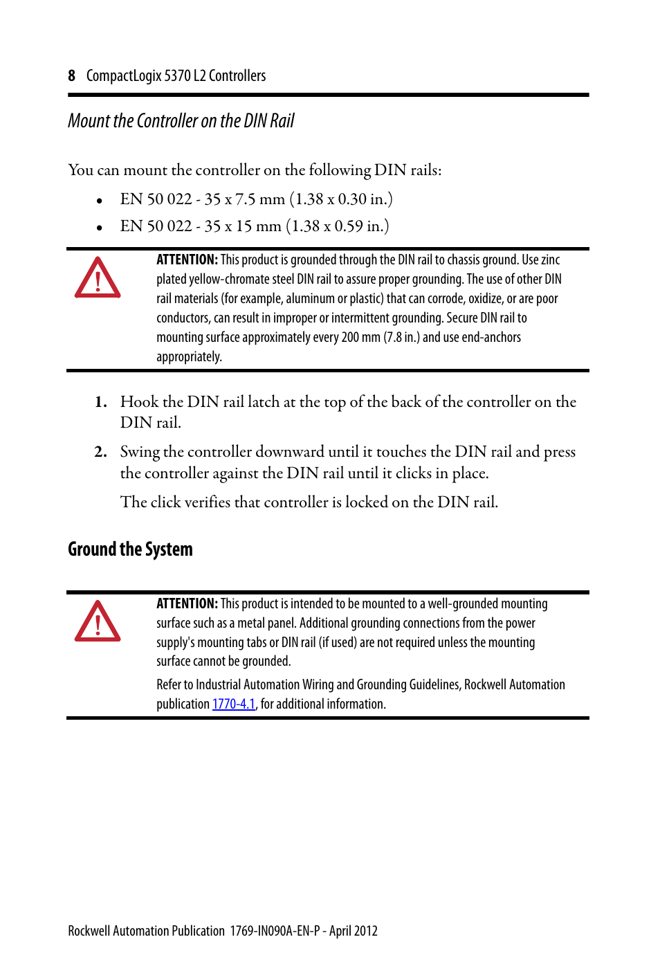 Ground the system, Mount the controller on the din rail | Rockwell Automation 1769-L24ER-QB1B_QBFC1B_QBFC1B CompactLogix 5370 L2 Controllers Installation Instructions User Manual | Page 8 / 16