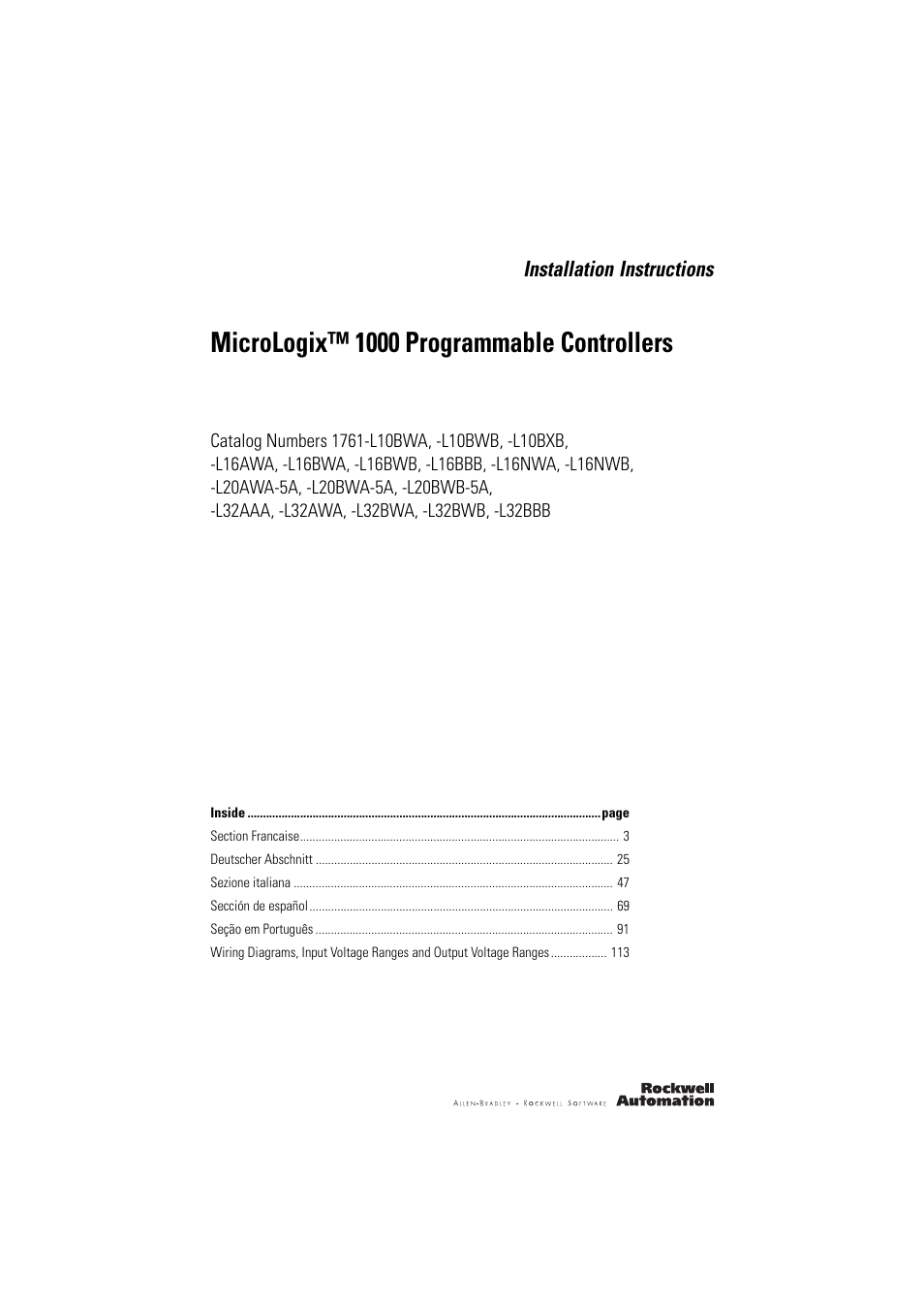 Rockwell Automation 1761-L10_16_20_32xxx MicroLogix 1000 Programmable Controllers User Manual | 134 pages