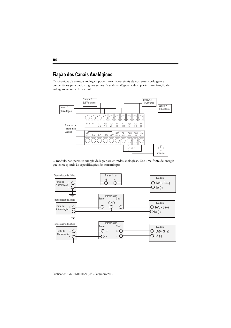 Fiação dos canais analógicos | Rockwell Automation 1761-L10_16_20_32xxx MicroLogix 1000 Programmable Controllers User Manual | Page 104 / 134