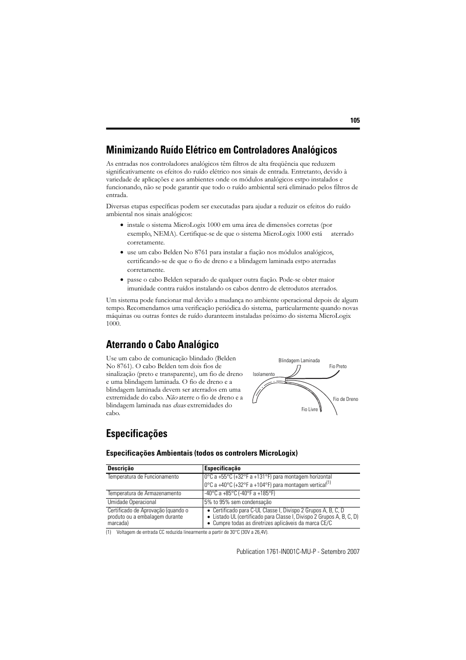 Aterrando o cabo analógico, Especificações | Rockwell Automation 1761-L10_16_20_32xxx MicroLogix 1000 Programmable Controllers User Manual | Page 105 / 134
