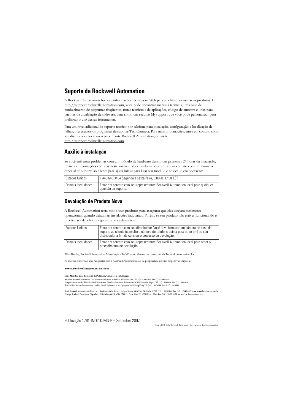 Auxílio à instalação, Devolução de produto novo, Suporte da rockwell automation | Rockwell Automation 1761-L10_16_20_32xxx MicroLogix 1000 Programmable Controllers User Manual | Page 111 / 134