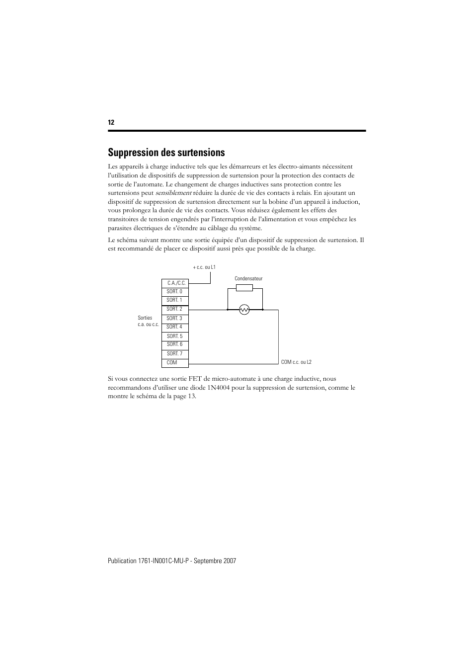 Suppression des surtensions | Rockwell Automation 1761-L10_16_20_32xxx MicroLogix 1000 Programmable Controllers User Manual | Page 12 / 134