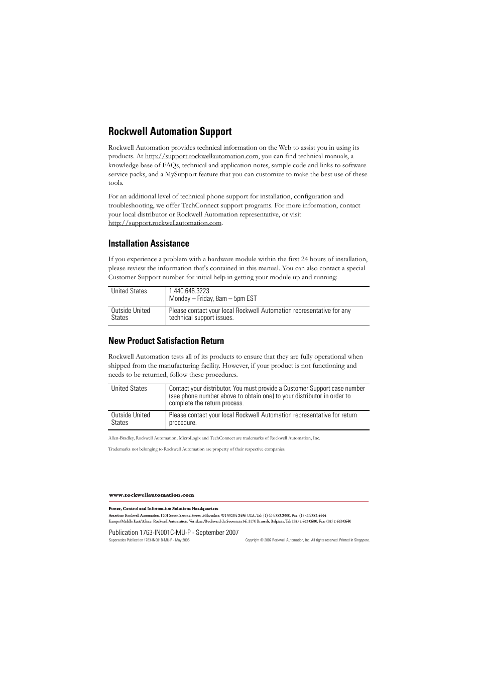 Back cover, Rockwell automation support, Installation assistance | New product satisfaction return | Rockwell Automation 1761-L10_16_20_32xxx MicroLogix 1000 Programmable Controllers User Manual | Page 134 / 134