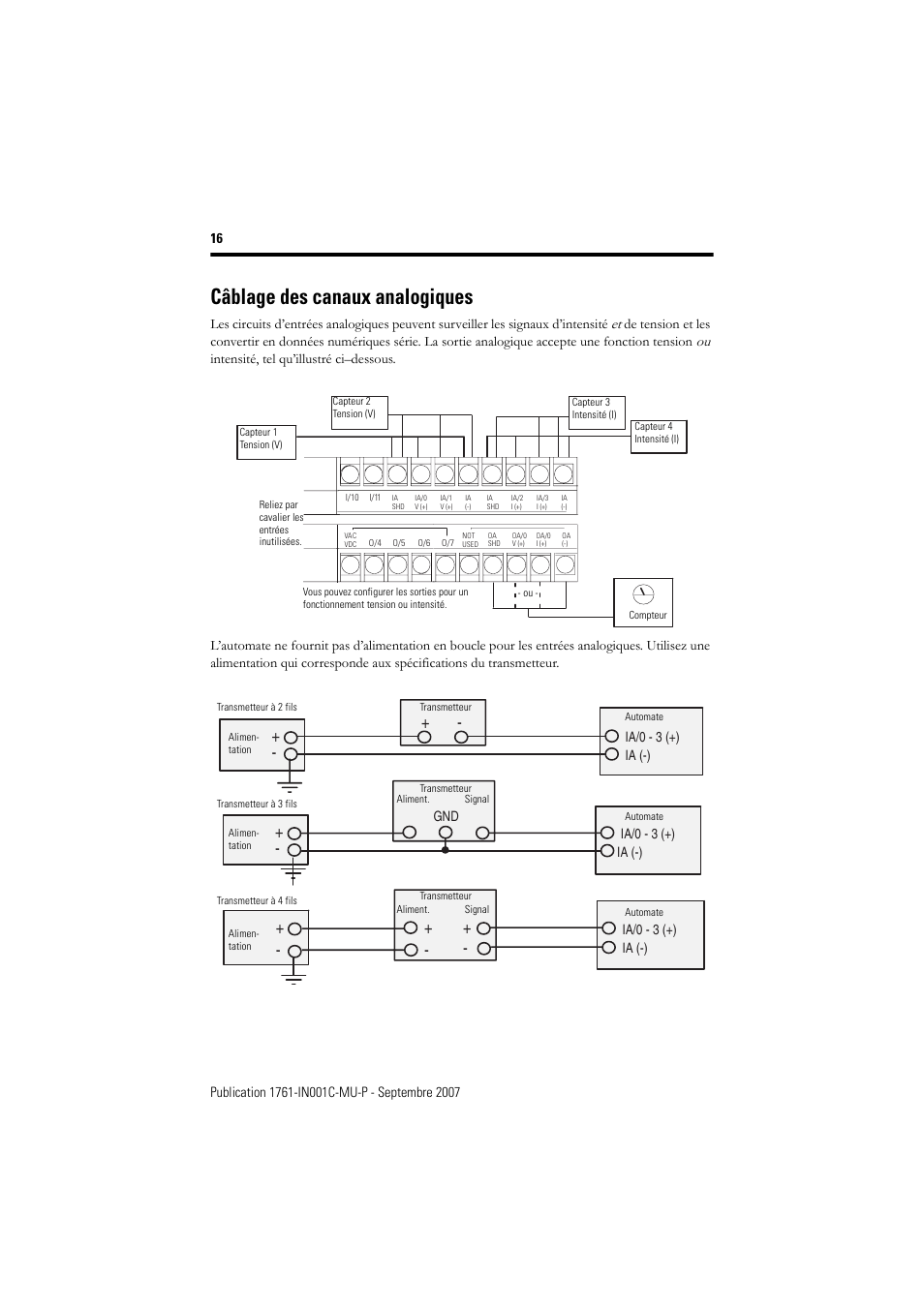 Câblage des canaux analogiques | Rockwell Automation 1761-L10_16_20_32xxx MicroLogix 1000 Programmable Controllers User Manual | Page 16 / 134