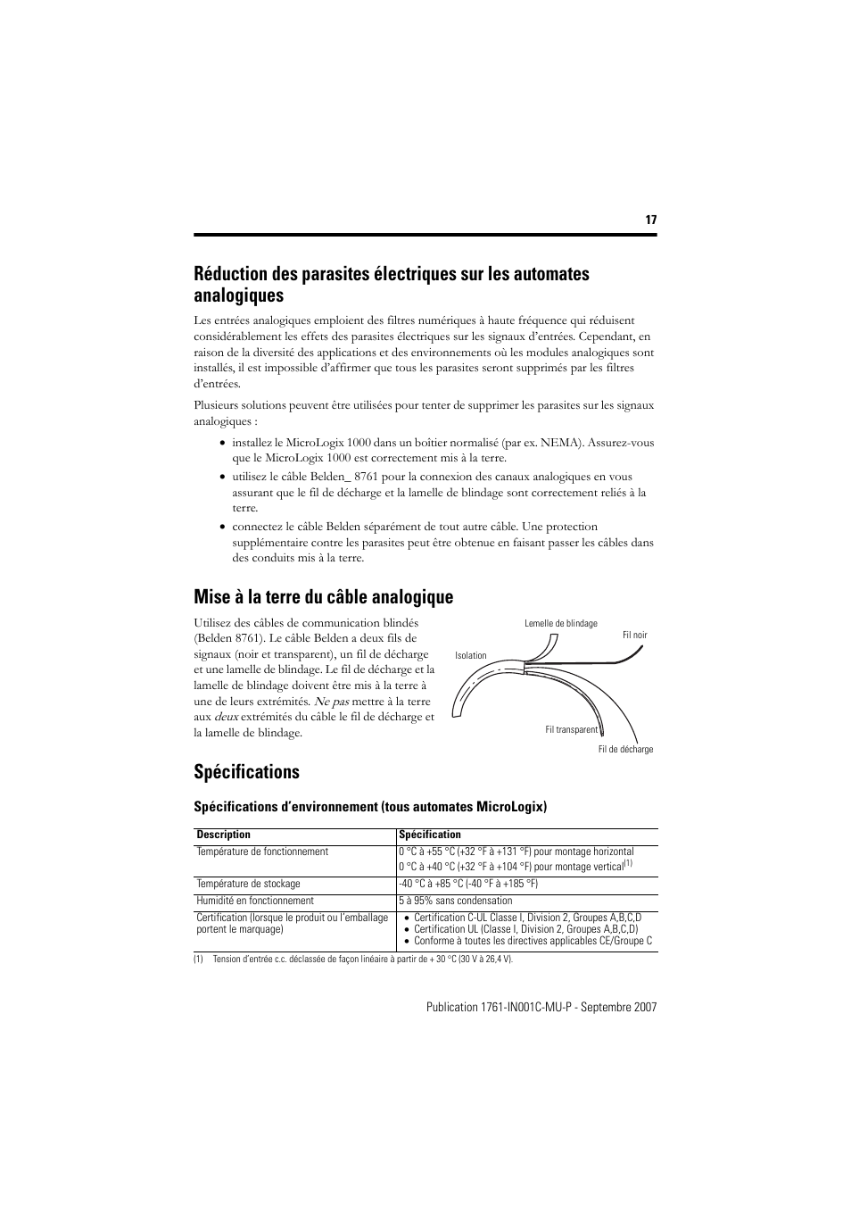 Mise à la terre du câble analogique, Spécifications | Rockwell Automation 1761-L10_16_20_32xxx MicroLogix 1000 Programmable Controllers User Manual | Page 17 / 134