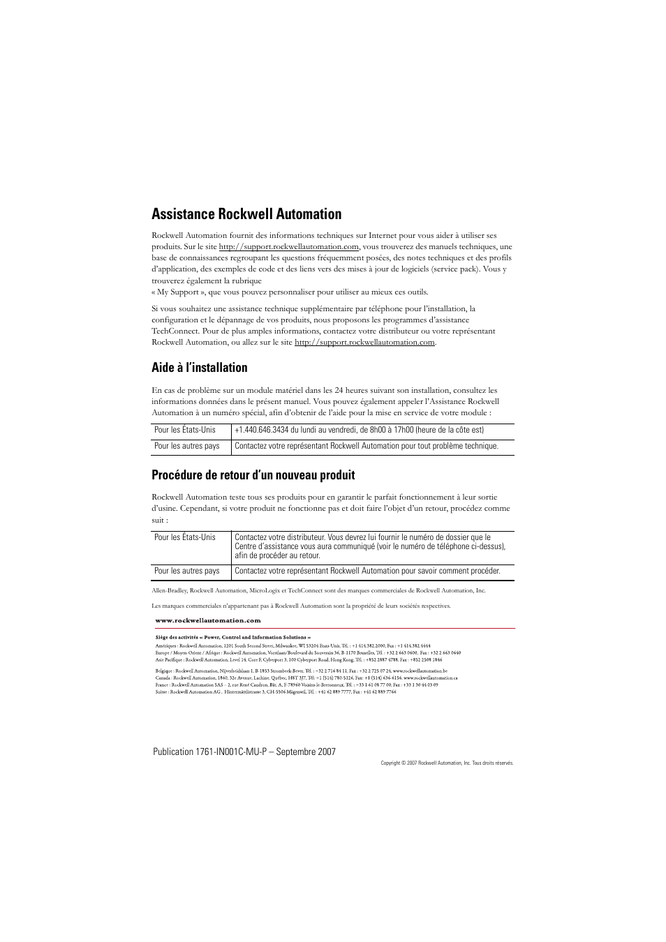 Aide à l’installation, Procédure de retour d’un nouveau produit, Assistance rockwell automation | Rockwell Automation 1761-L10_16_20_32xxx MicroLogix 1000 Programmable Controllers User Manual | Page 23 / 134