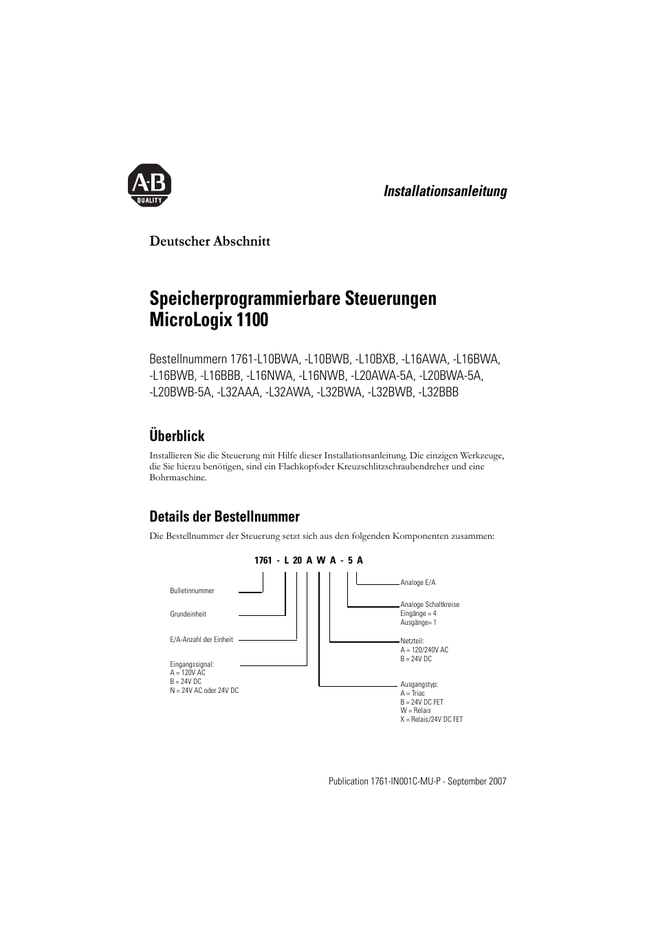 Deutscher abschnitt, Installationsanleitung deutscher abschnitt, Überblick | Details der bestellnummer | Rockwell Automation 1761-L10_16_20_32xxx MicroLogix 1000 Programmable Controllers User Manual | Page 25 / 134