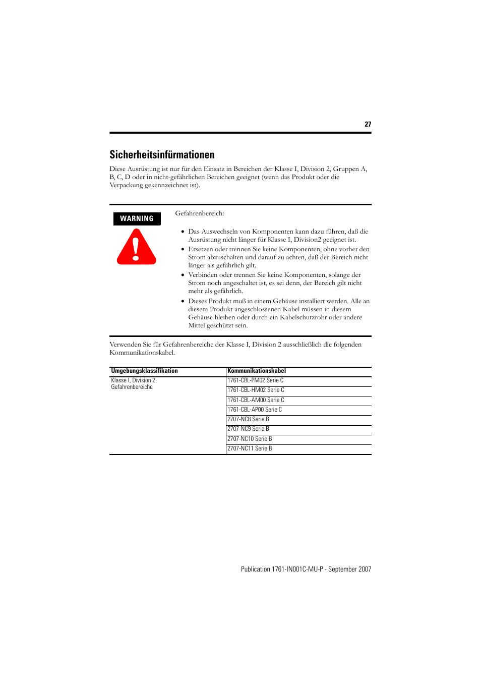 Sicherheitsinfürmationen | Rockwell Automation 1761-L10_16_20_32xxx MicroLogix 1000 Programmable Controllers User Manual | Page 27 / 134