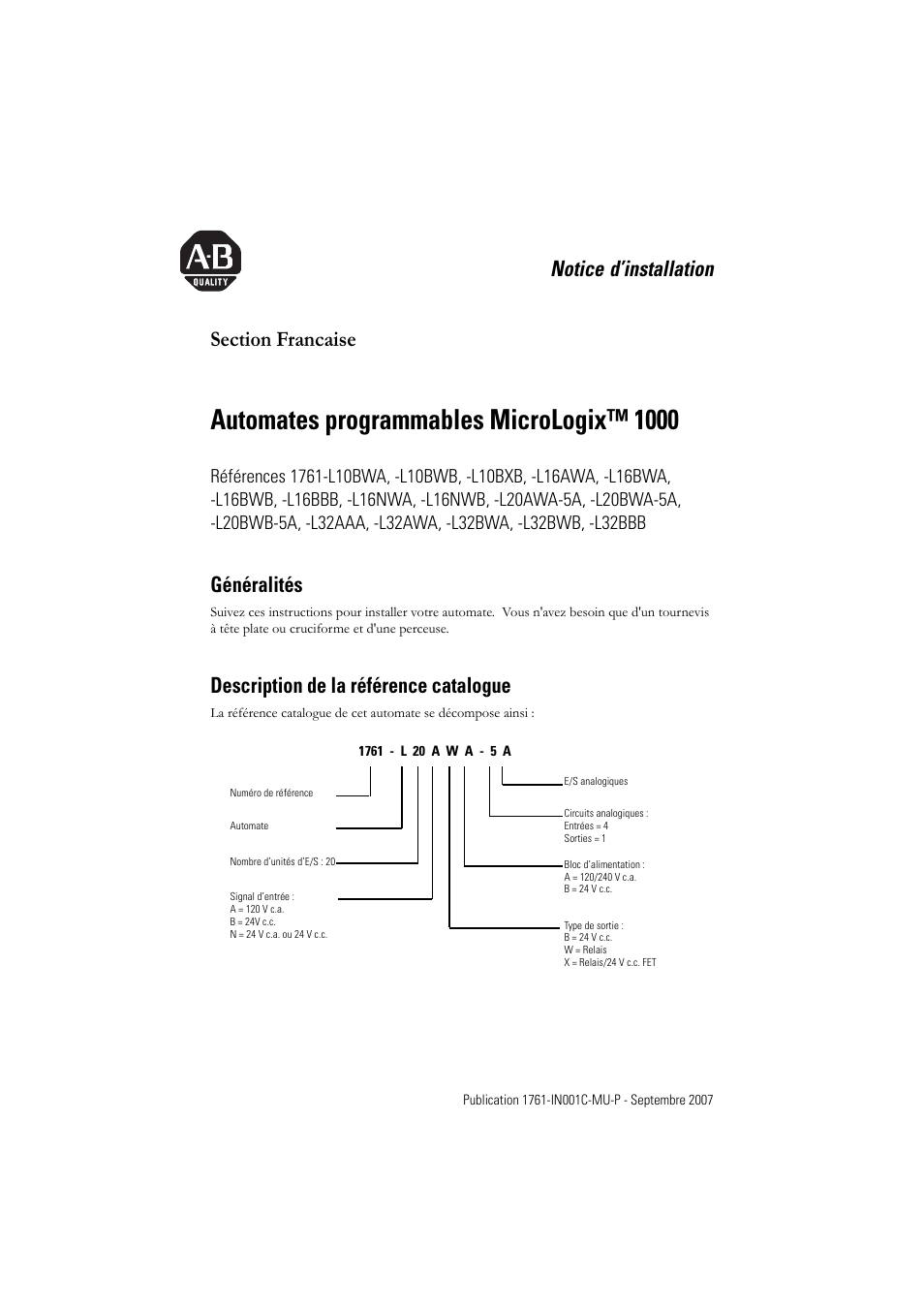 Section francaise, Automates programmables micrologix™ 1000, Généralités | Description de la référence catalogue | Rockwell Automation 1761-L10_16_20_32xxx MicroLogix 1000 Programmable Controllers User Manual | Page 3 / 134