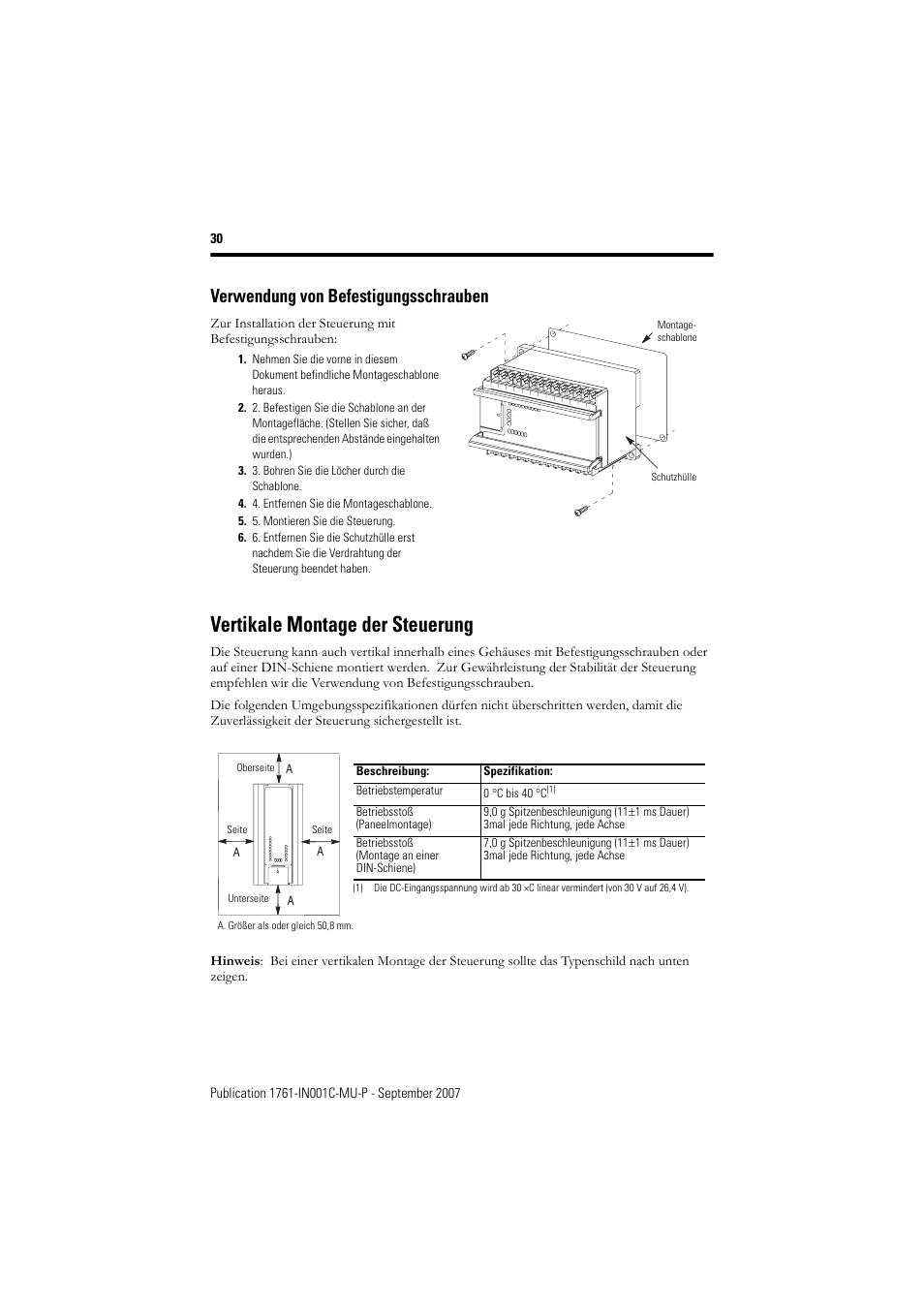 Verwendung von befestigungsschrauben, Vertikale montage der steuerung | Rockwell Automation 1761-L10_16_20_32xxx MicroLogix 1000 Programmable Controllers User Manual | Page 30 / 134
