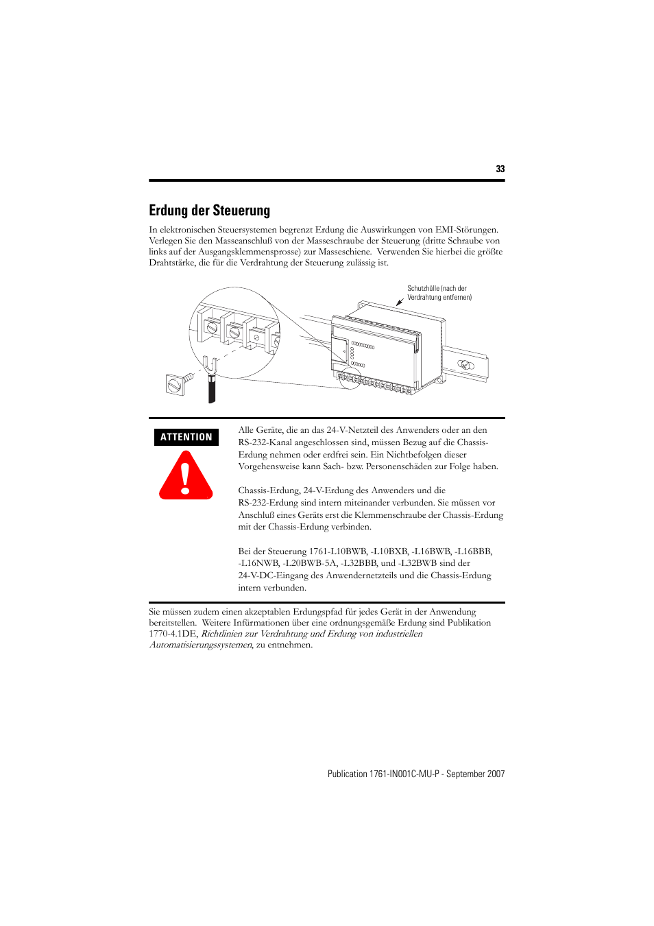 Erdung der steuerung | Rockwell Automation 1761-L10_16_20_32xxx MicroLogix 1000 Programmable Controllers User Manual | Page 33 / 134