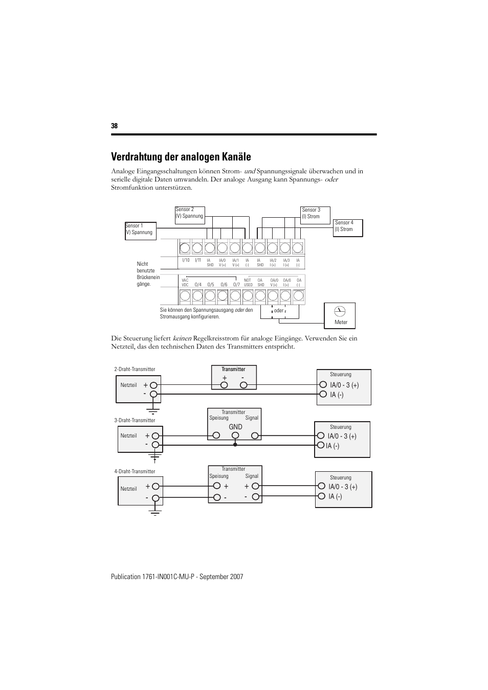 Verdrahtung der analogen kanäle | Rockwell Automation 1761-L10_16_20_32xxx MicroLogix 1000 Programmable Controllers User Manual | Page 38 / 134