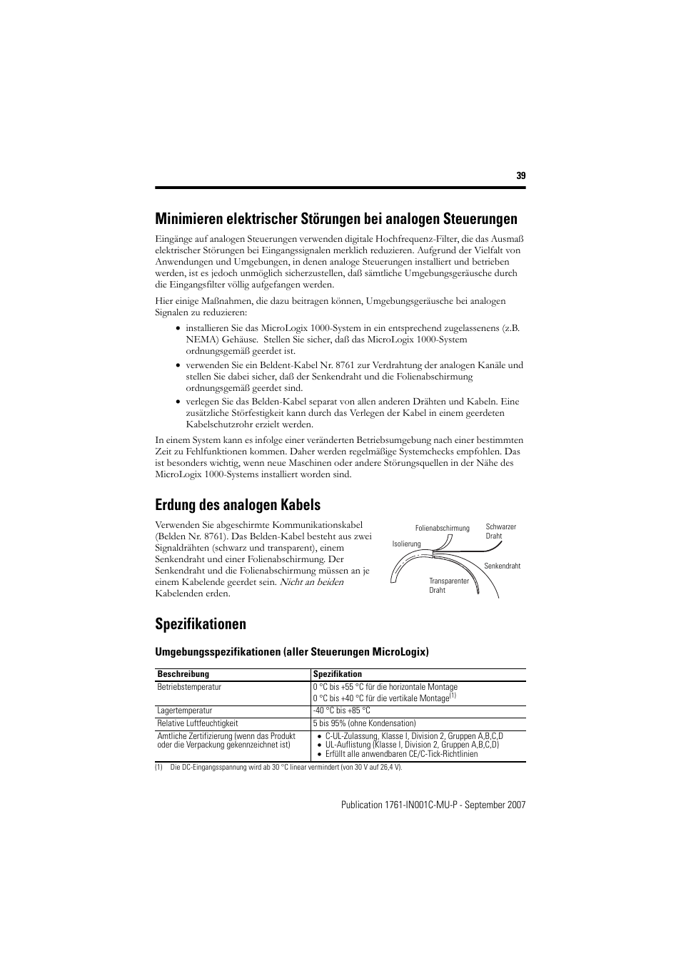 Erdung des analogen kabels, Spezifikationen | Rockwell Automation 1761-L10_16_20_32xxx MicroLogix 1000 Programmable Controllers User Manual | Page 39 / 134